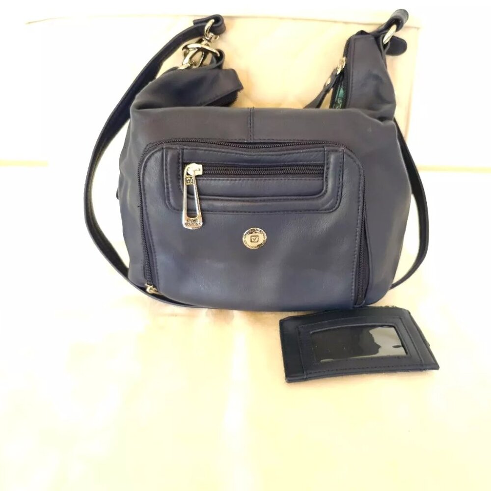NEW Stone Mountain NAVY BLUE 100% Leather Shoulder Bag Purse Top Zip Pockets